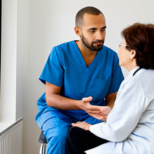 A professional male Kampo Rehabilitation Therapist in his 30s, wearing a modest, clean medical scrub top and pants, is sitting across from an elderly female patient in her 70s in a bright, modern clinic room. The therapist is gently explaining a treatment plan, gesturing calmly with well-formed hands, while the patient listens with a look of understanding and relief. The background features a blurred serene, minimalist setting with natural light and hints of modern medical equipment. The atmosphere is warm, empathetic, and professional, showcasing compassionate care. The scene is safe for work, appropriate content, fully clothed, professional, with perfect anatomy, correct proportions, natural pose, proper finger count, and natural body proportions, high quality, professional photography.