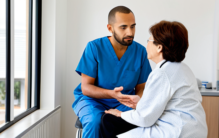 A professional male Kampo Rehabilitation Therapist in his 30s, wearing a modest, clean medical scrub top and pants, is sitting across from an elderly female patient in her 70s in a bright, modern clinic room. The therapist is gently explaining a treatment plan, gesturing calmly with well-formed hands, while the patient listens with a look of understanding and relief. The background features a blurred serene, minimalist setting with natural light and hints of modern medical equipment. The atmosphere is warm, empathetic, and professional, showcasing compassionate care. The scene is safe for work, appropriate content, fully clothed, professional, with perfect anatomy, correct proportions, natural pose, proper finger count, and natural body proportions, high quality, professional photography.