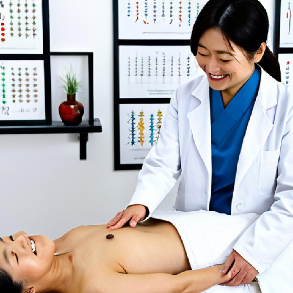 **

A smiling Japanese woman in her 40s, wearing comfortable, modest clothing, receiving acupuncture treatment on her back in a bright, clean clinic. The acupuncturist is a kind-looking man in a white coat. Focus on the calm atmosphere and the use of traditional acupuncture needles. Background includes charts of meridians and a shelf with neatly arranged herbal remedies. safe for work, appropriate content, fully clothed, professional, perfect anatomy, natural pose, high quality.

**