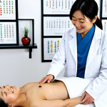**

A smiling Japanese woman in her 40s, wearing comfortable, modest clothing, receiving acupuncture treatment on her back in a bright, clean clinic. The acupuncturist is a kind-looking man in a white coat. Focus on the calm atmosphere and the use of traditional acupuncture needles. Background includes charts of meridians and a shelf with neatly arranged herbal remedies. safe for work, appropriate content, fully clothed, professional, perfect anatomy, natural pose, high quality.

**