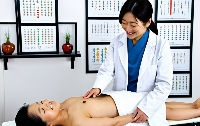 **

A smiling Japanese woman in her 40s, wearing comfortable, modest clothing, receiving acupuncture treatment on her back in a bright, clean clinic. The acupuncturist is a kind-looking man in a white coat. Focus on the calm atmosphere and the use of traditional acupuncture needles. Background includes charts of meridians and a shelf with neatly arranged herbal remedies. safe for work, appropriate content, fully clothed, professional, perfect anatomy, natural pose, high quality.

**