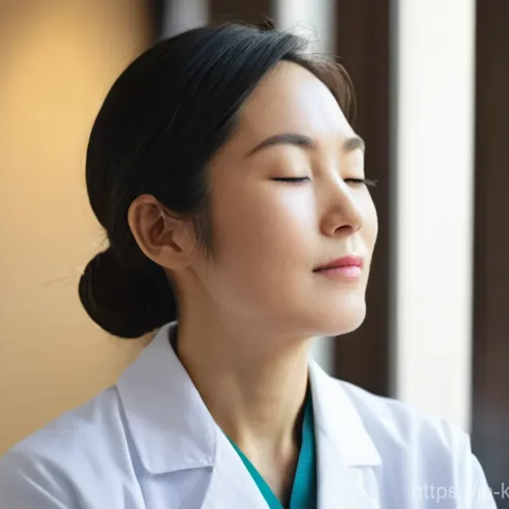 한방재활치료사 직무 스트레스 관리법 - **Prompt 1: Mindful Self-Care Moment**
    A serene, close-up shot of a female traditional Japanese ...