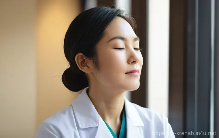 한방재활치료사 직무 스트레스 관리법 - **Prompt 1: Mindful Self-Care Moment**
    A serene, close-up shot of a female traditional Japanese ...