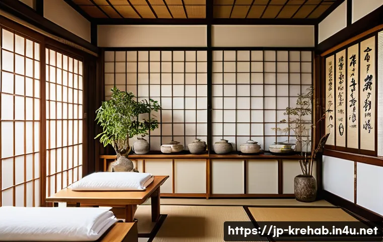 한방재활 분야 최신 연구 동향 - A serene clinical rehabilitation room in Japan featuring a middle-aged Japanese patient wearing comf...