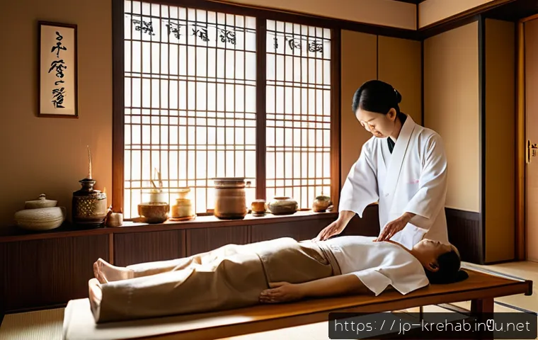 한방재활치료사와 물리치료사의 차이점 - A serene traditional Korean clinic room bathed in soft natural light, featuring a 한방재활治療師 (Korean tr...
