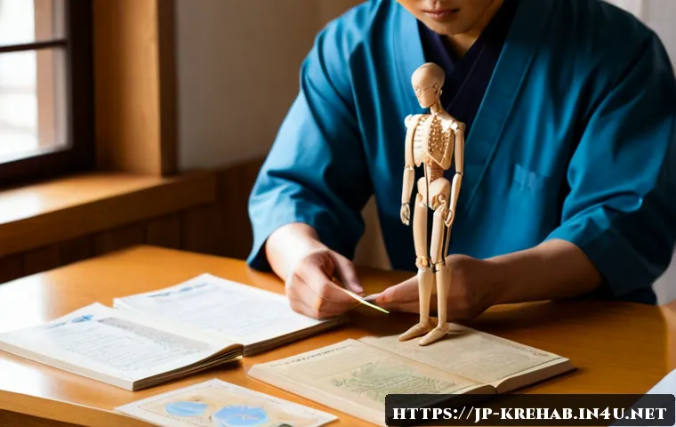 한방재활치료사 시험 과목별 공부 전략 - Photorealistic Japanese adult rehabilitation therapy student studying anatomy and traditional medici...